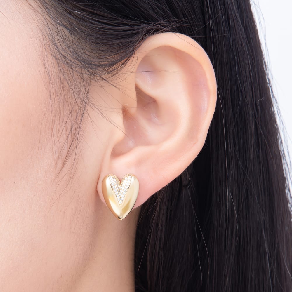 14K Gold Filled 16mm Micro Paved CZ Dome Chubby Heart Stud Earrings | Earrings-01123