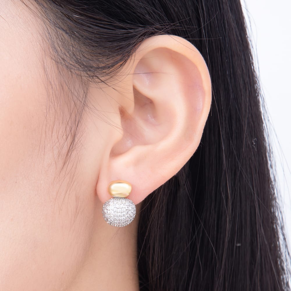 16K Gold Filled 17mm Micro Paved CZ Two Tone Double Pebble Stud Earrings| Earrings-00928