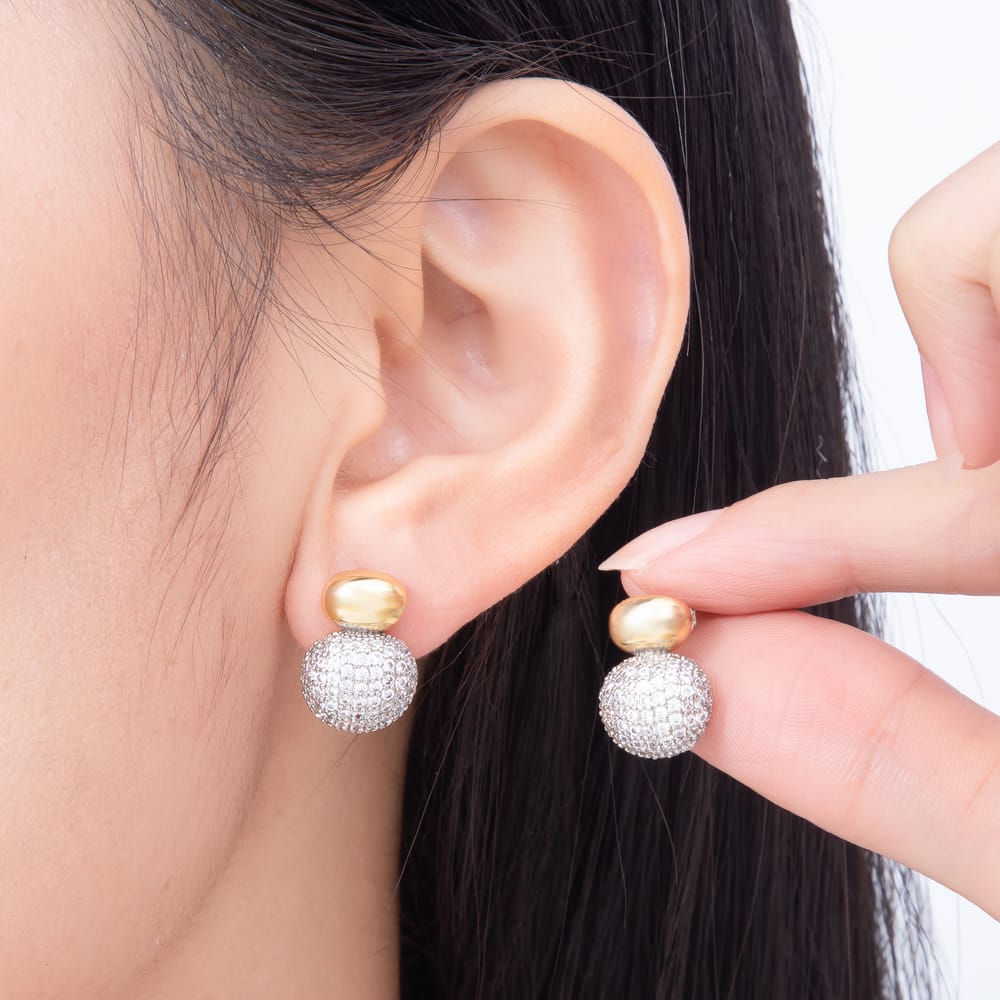 16K Gold Filled 17mm Micro Paved CZ Two Tone Double Pebble Stud Earrings| Earrings-00928