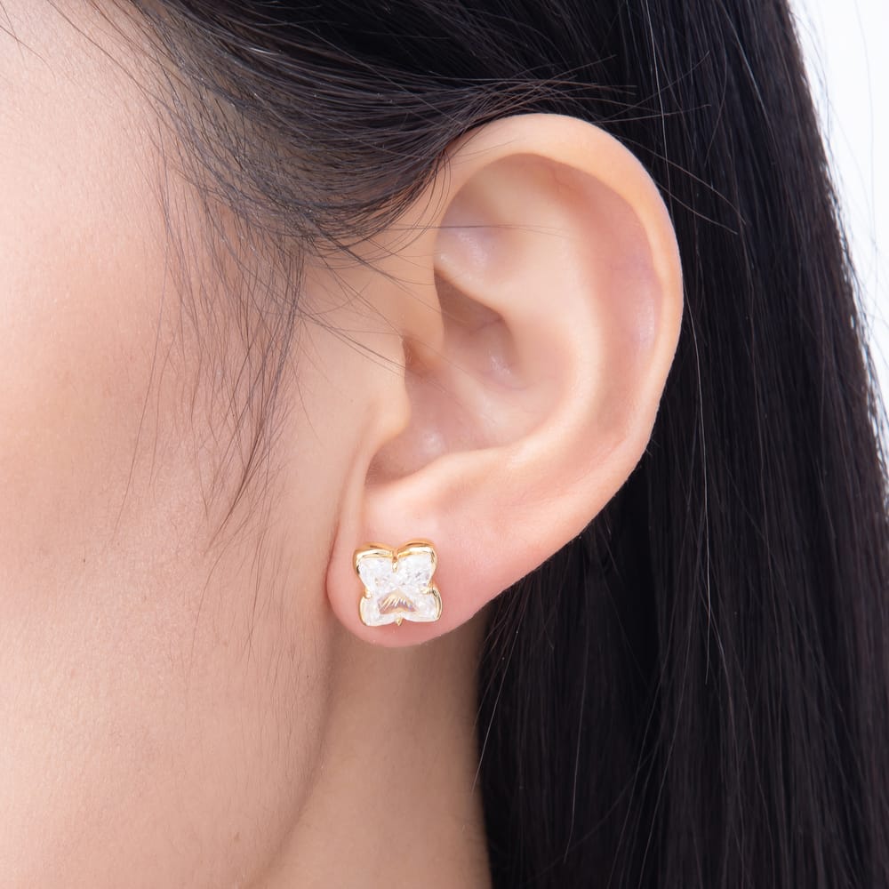 16K Gold Filled 19mm Princess Cut Clear CZ Four-Petal Flower Stud Earrings| Earrings-00912