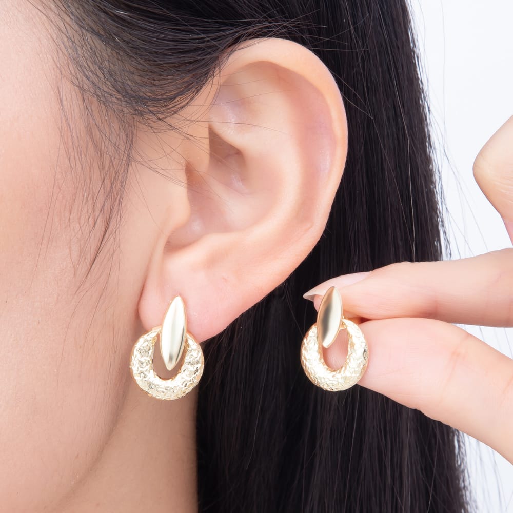 16K Gold Filled 20mm Hammered Circle Textured Open Ring Oval Stud Earrings | Earrings-00941