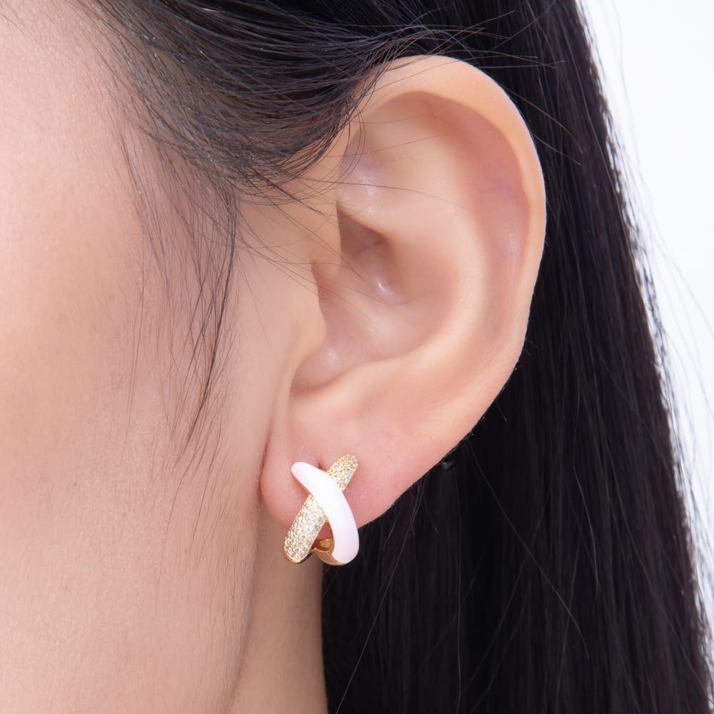 16K Gold Filled 19mm Micro Paved CZ Colorful Criss-Cross Pastel Enamel Stud Earrings | Earrings-00999 - Earrings-01004