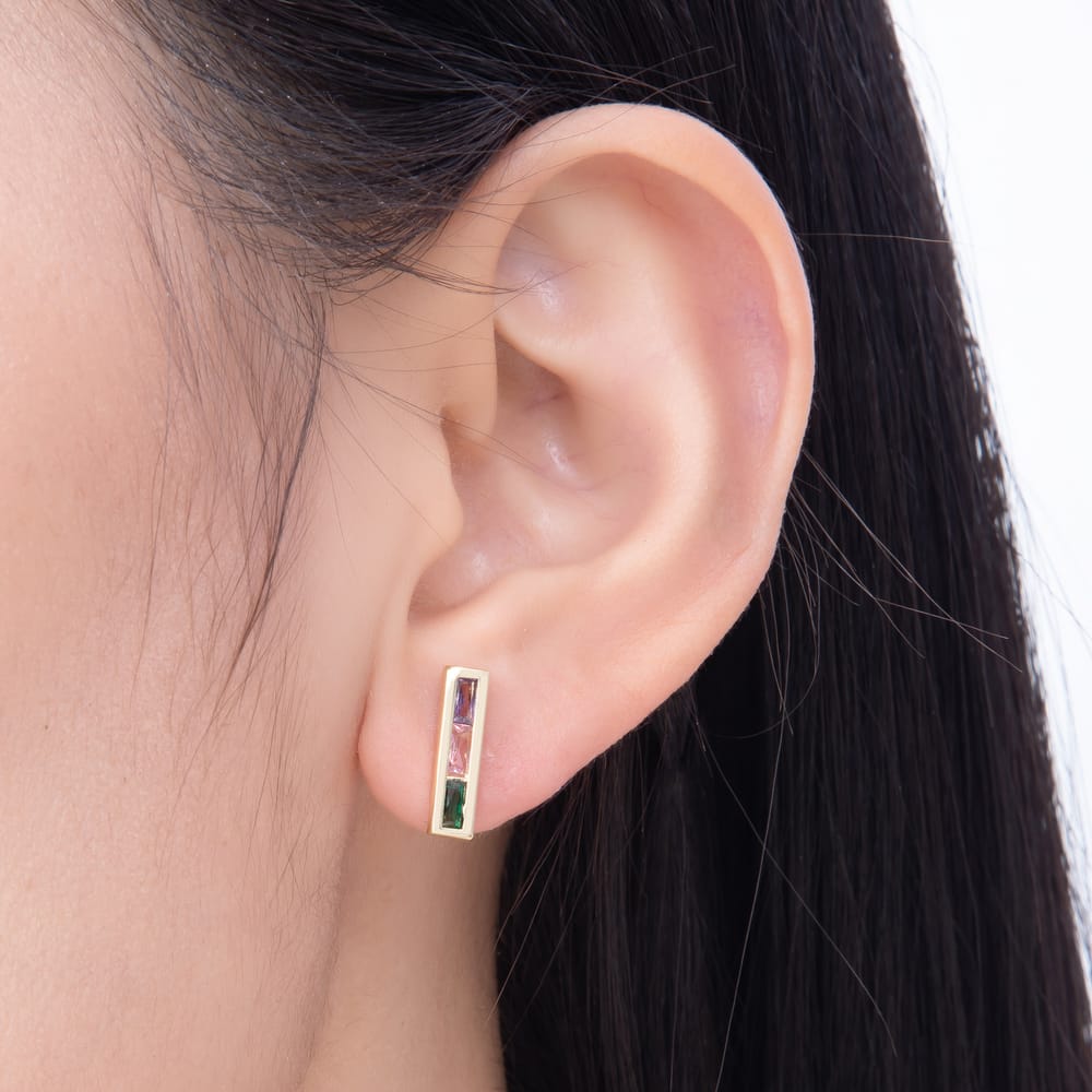 16K Gold Filled 13mm Vertical Bar Multi-Color Baguette CZ Stud Earrings | Earrings-00932 - Earrings-00933