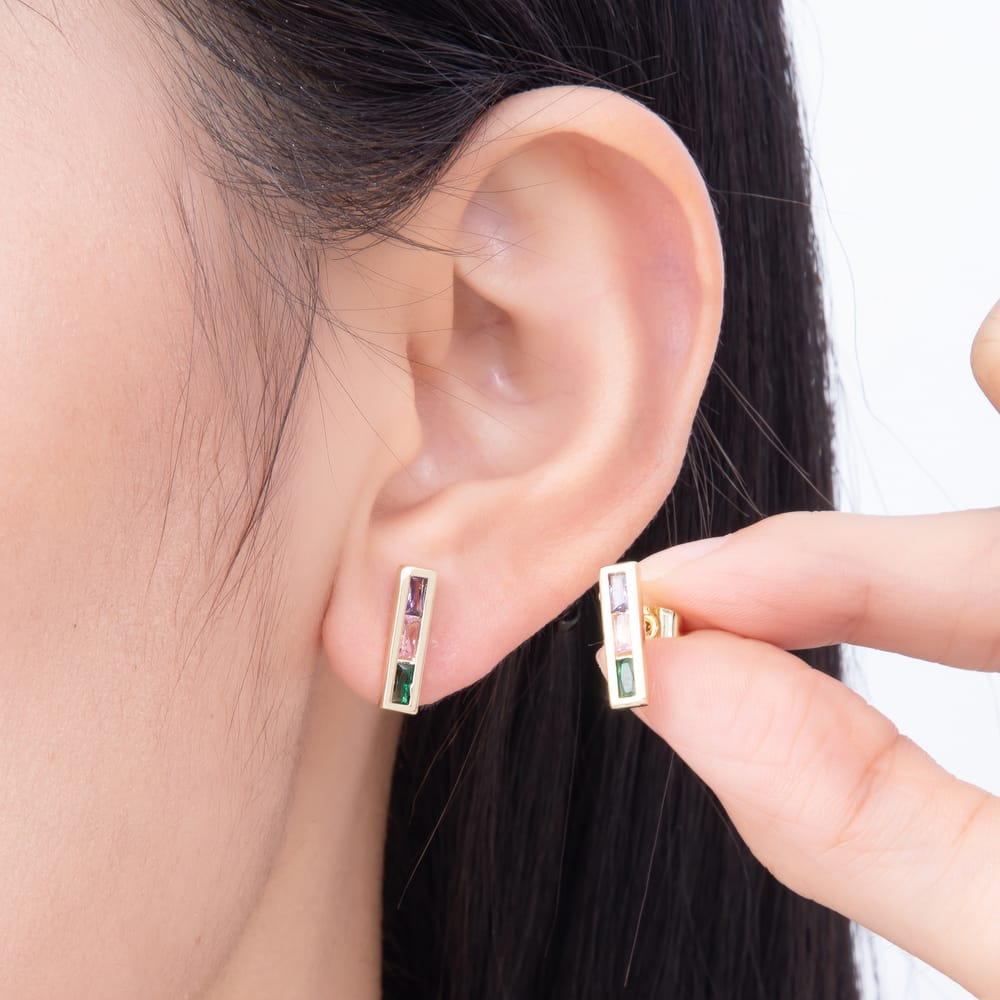 16K Gold Filled 13mm Vertical Bar Multi-Color Baguette CZ Stud Earrings | Earrings-00932 - Earrings-00933