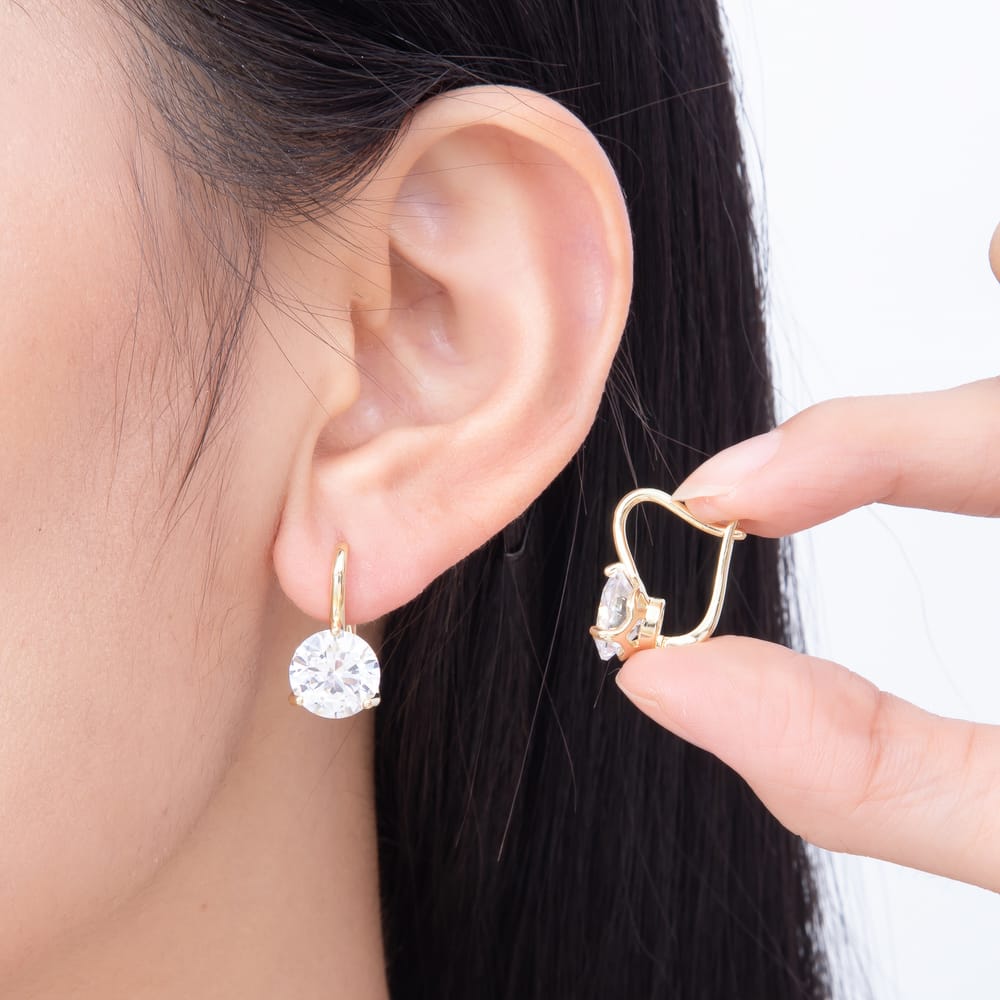 16K Gold Filled 21mm Solitaire Round Clear CZ Lever Back Drop Earrings | Earrings-00940