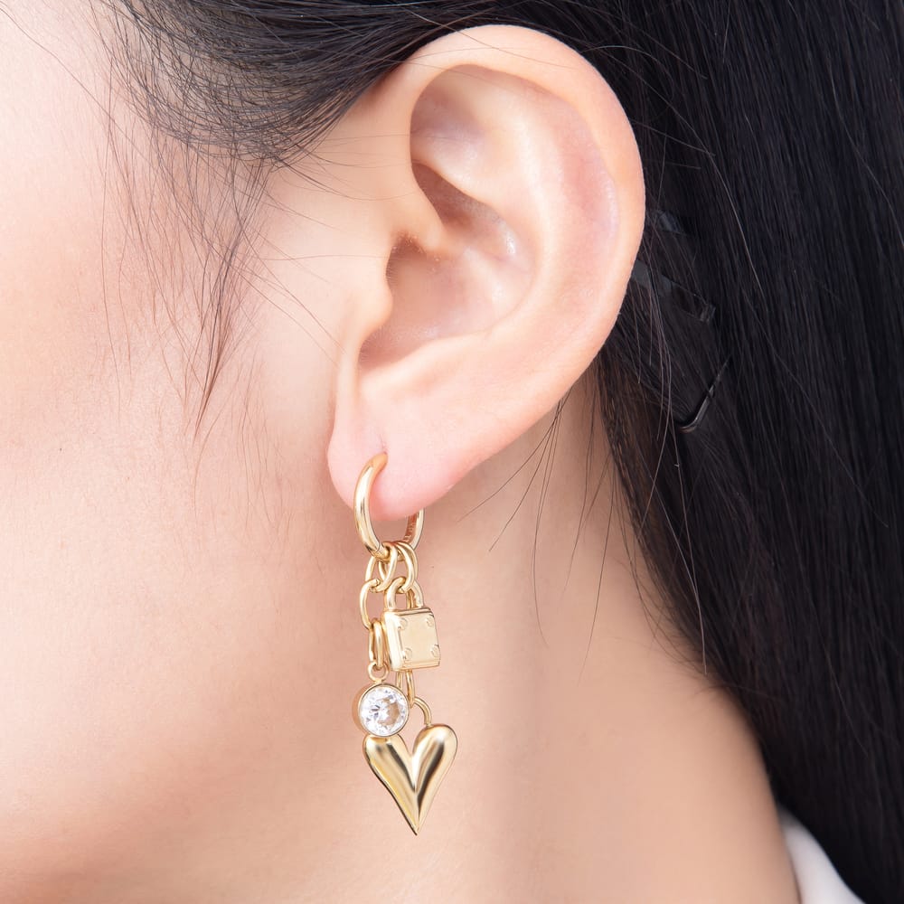 Stainless Steel PVD 45mm Round CZ Puffy Heart Padlock Multi Drop Huggie Earrings in Gold & Silver | Earrings-01153 Earrings-01154