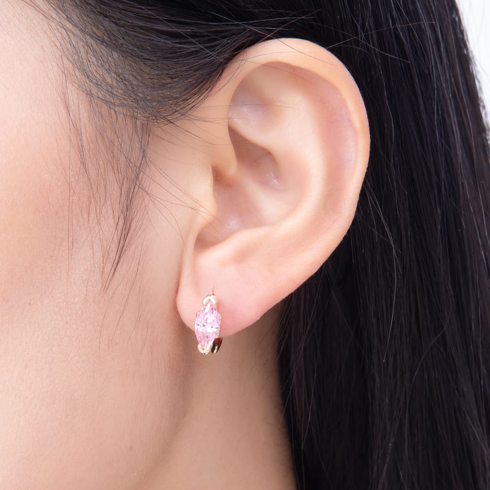 16K Gold Filled 15mm Pink, Red, Green Marquise CZ Semi-Bezel Solitaire Cartilage Huggie Earrings| Earrings-00904 ~ Earrings-00906