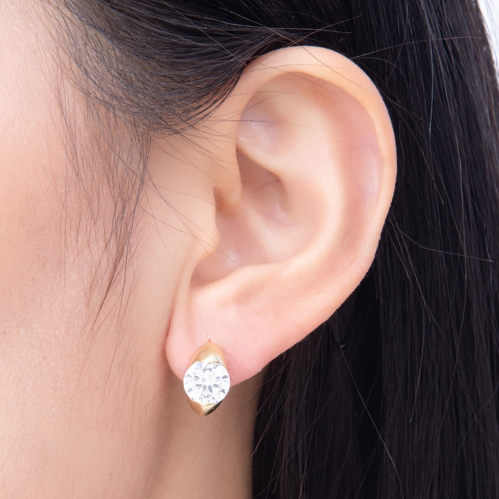 16K Gold Filled 15mm Round Clear CZ Solitaire Chunky Huggie Hoop Earrings | Earrings-00939