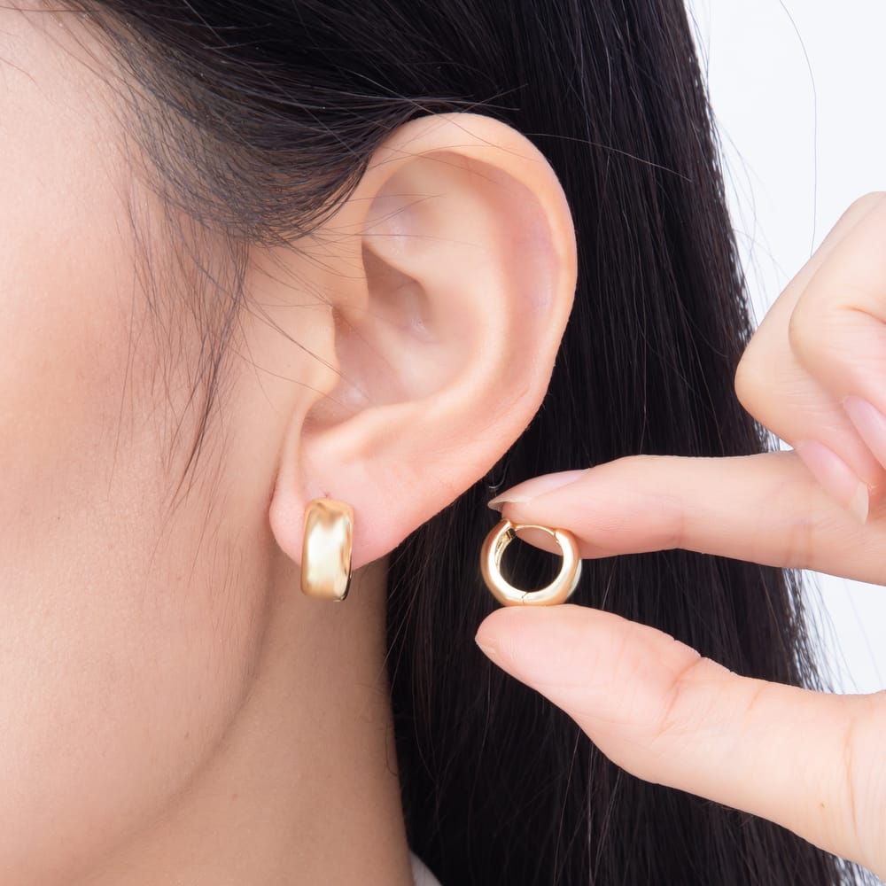 16K Gold Filled 14mm Plain Chunky Wide Dome Huggie Hoop Earrings | Earrings-00978