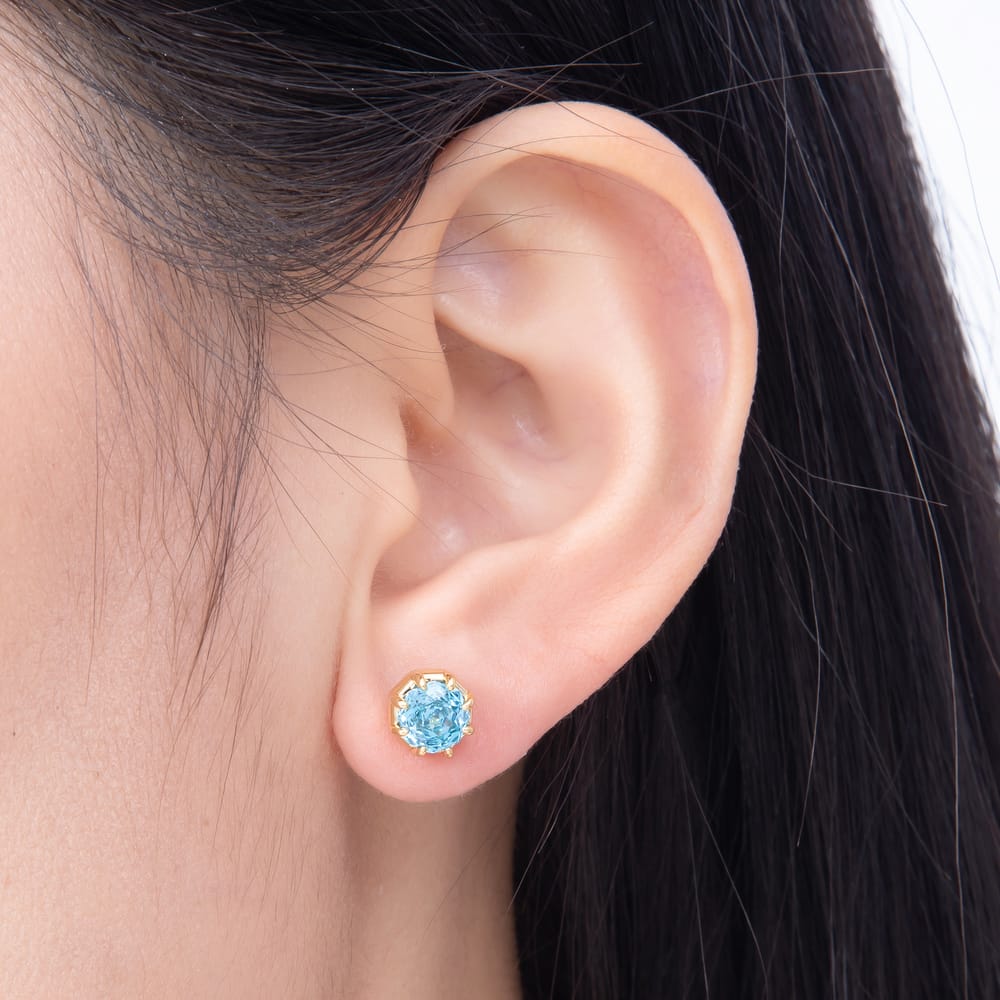 16K Gold Filled 17mm Blue Round CZ Claw Prong Solitaire Stud Earrings| Earrings-00903