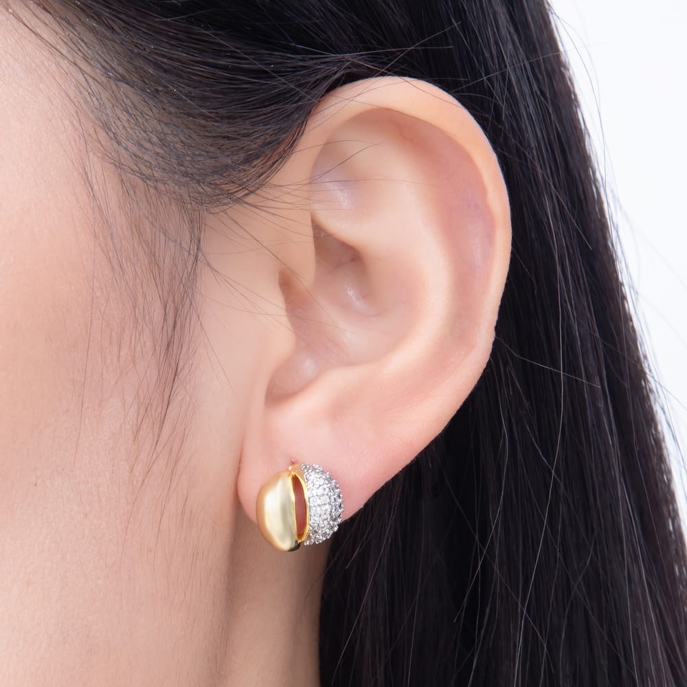 16K Gold Filled 16mm Micro Paved CZ Two Tone Curved Dome Stud Earrings| Earrings-00927