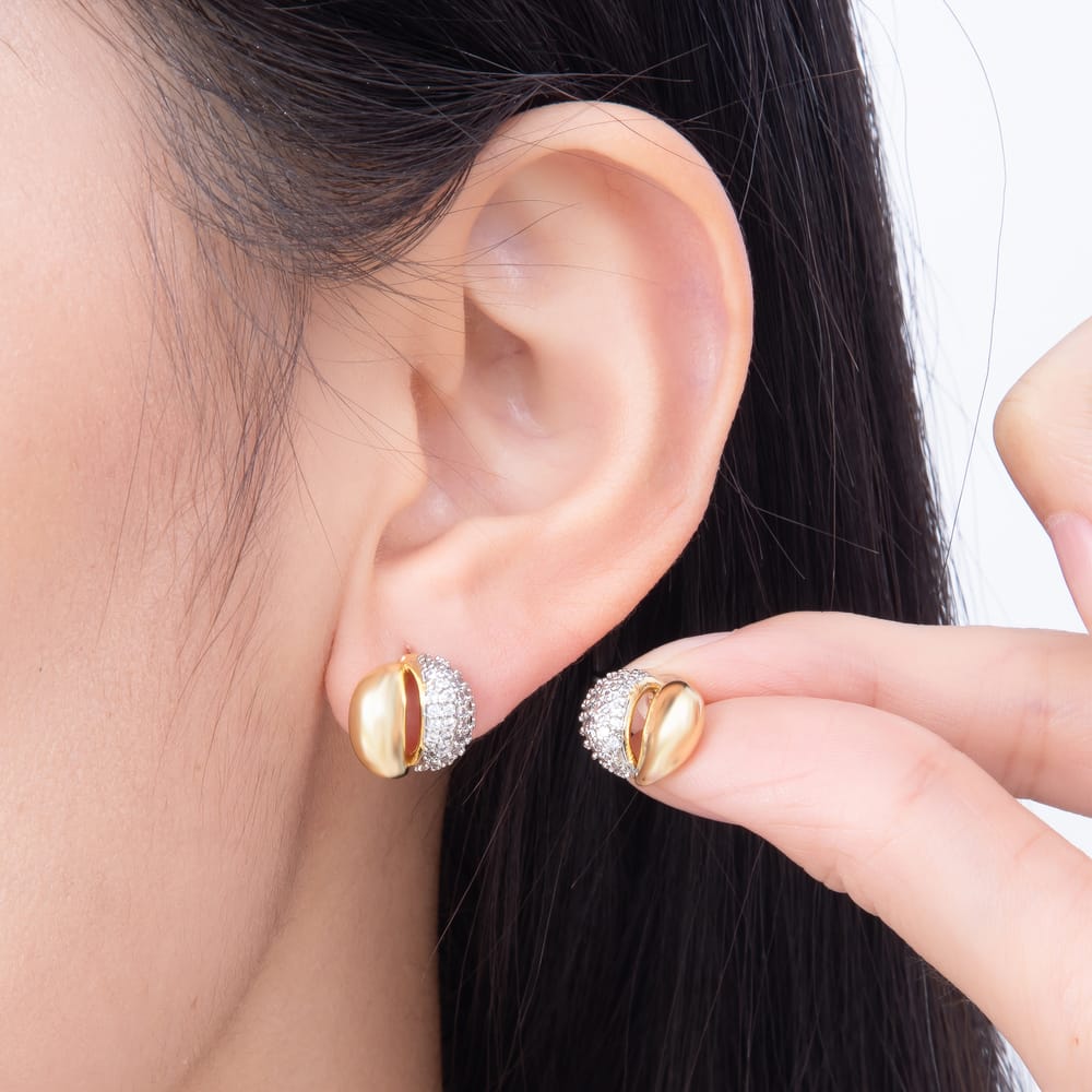 16K Gold Filled 16mm Micro Paved CZ Two Tone Curved Dome Stud Earrings| Earrings-00927