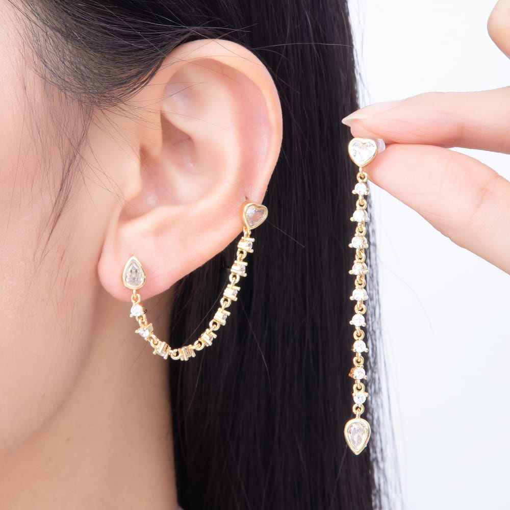 16K Gold Filled 66mm Pear & Heart CZ Double Piercing Tennis Chain Link Stud Earrings | Earrings-00914