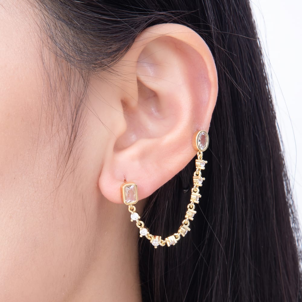 16K Gold Filled 66mm Rectangle & Oval Bezel Cut Clear CZ Double Piercing Tennis Chain Link Stud Earrings | Earrings-00916