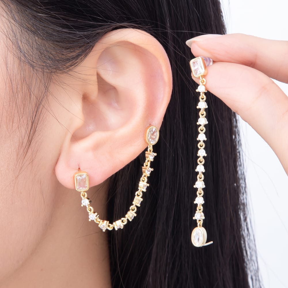 16K Gold Filled 66mm Rectangle & Oval Bezel Cut Clear CZ Double Piercing Tennis Chain Link Stud Earrings | Earrings-00916