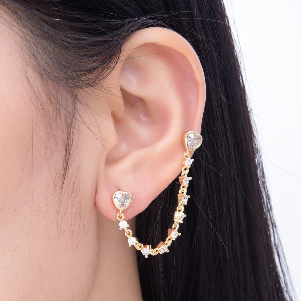 16K Gold Filled 66mm Twin Heart CZ Double Piercing Tennis Chain Link Stud Earrings | Earrings-00915
