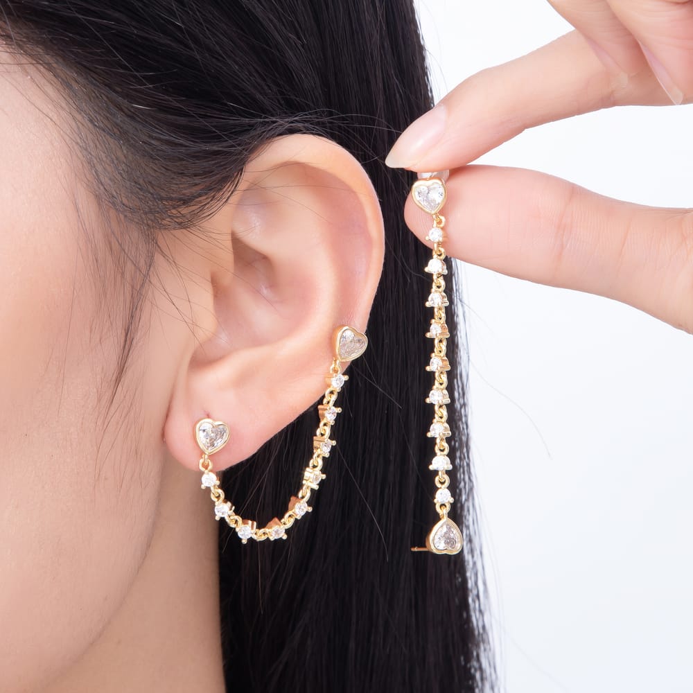 16K Gold Filled 66mm Twin Heart CZ Double Piercing Tennis Chain Link Stud Earrings | Earrings-00915