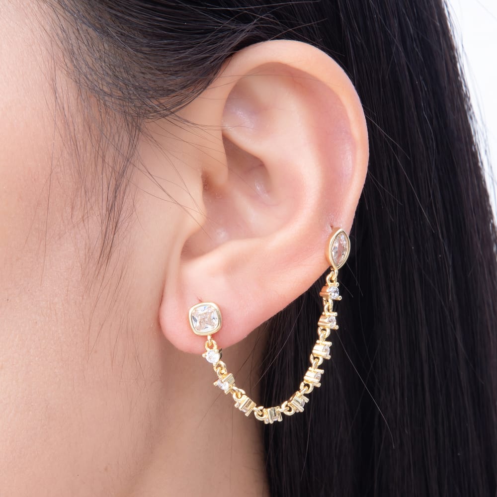 16K Gold Filled 66mm Cushion & Marquise CZ Double Piercing Tennis Chain Link Stud Earrings | Earrings-00917