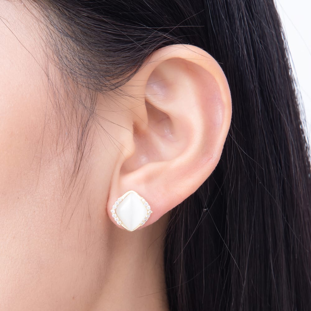 16K Gold Filled 16mm Clear CZ & White Opal Geometric Diamond Shape Stud Earrings | Earrings-01021 - Earrings-01022