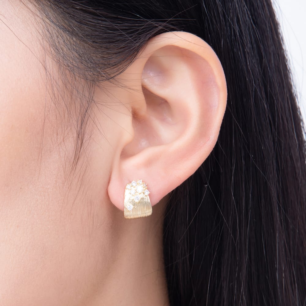 16K Gold Filled 16mm Chunky Textured Ribbed CZ Cluster C Hoops Earrings | Earrings-01023 - Earrings-01024