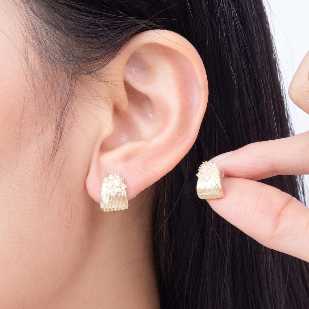 16K Gold Filled 16mm Chunky Textured Ribbed CZ Cluster C Hoops Earrings | Earrings-01023 - Earrings-01024