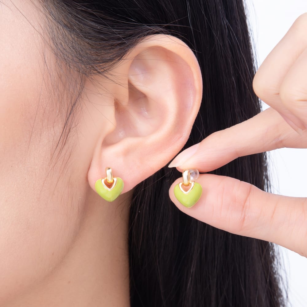 16K Gold Filled 16mm Colorful Pastel Enamel Puffed Heart Drop Stud Earrings | Earrings-00991 - Earrings-00998