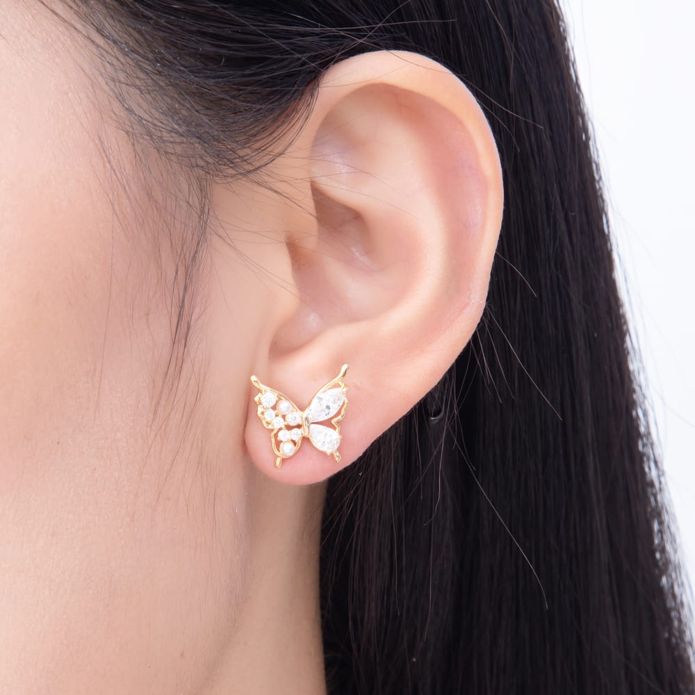 16K Gold Filled 14mm Multi Cut CZ Shell Pearl Butterfly Mariposa Stud Earrings| Earrings-01019 - Earrings-01020