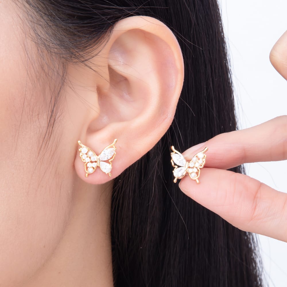 16K Gold Filled 14mm Multi Cut CZ Shell Pearl Butterfly Mariposa Stud Earrings| Earrings-01019 - Earrings-01020