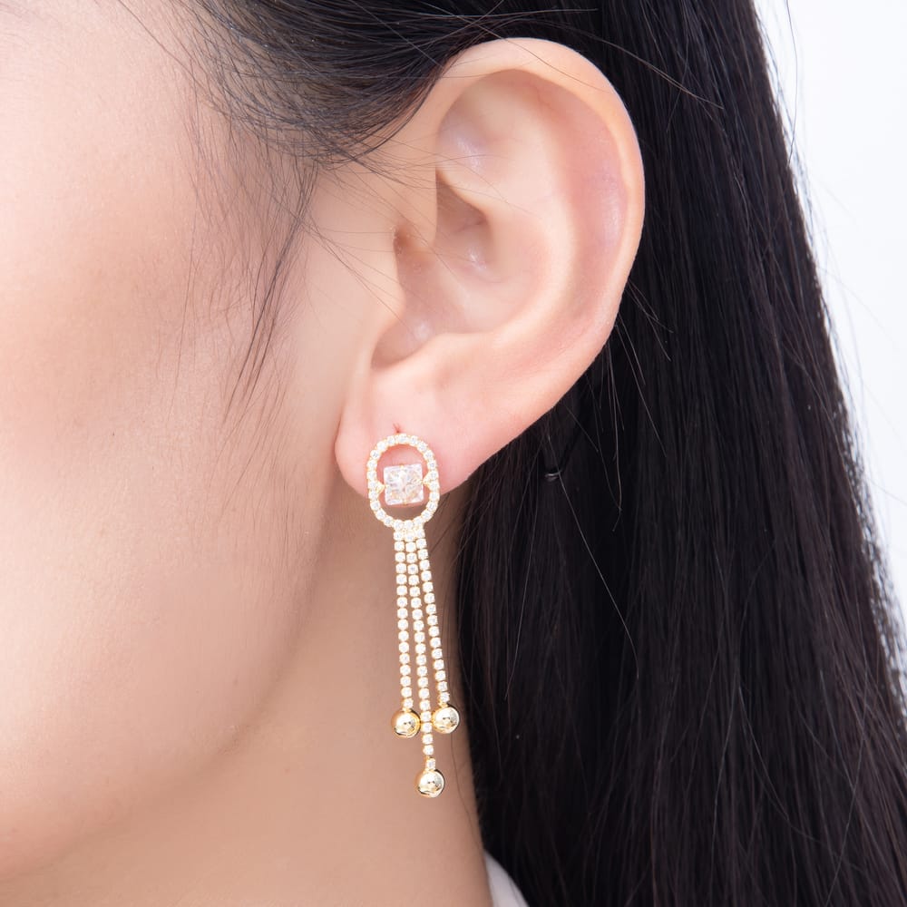16K Gold Filled 46mm Oval Halo Princess CZ Triple Fringe Dangle Earrings | Earrings-01025 - Earrings-01026