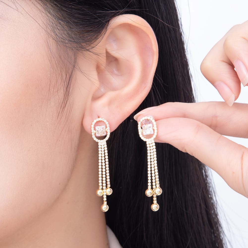 16K Gold Filled 46mm Oval Halo Princess CZ Triple Fringe Dangle Earrings | Earrings-01025 - Earrings-01026