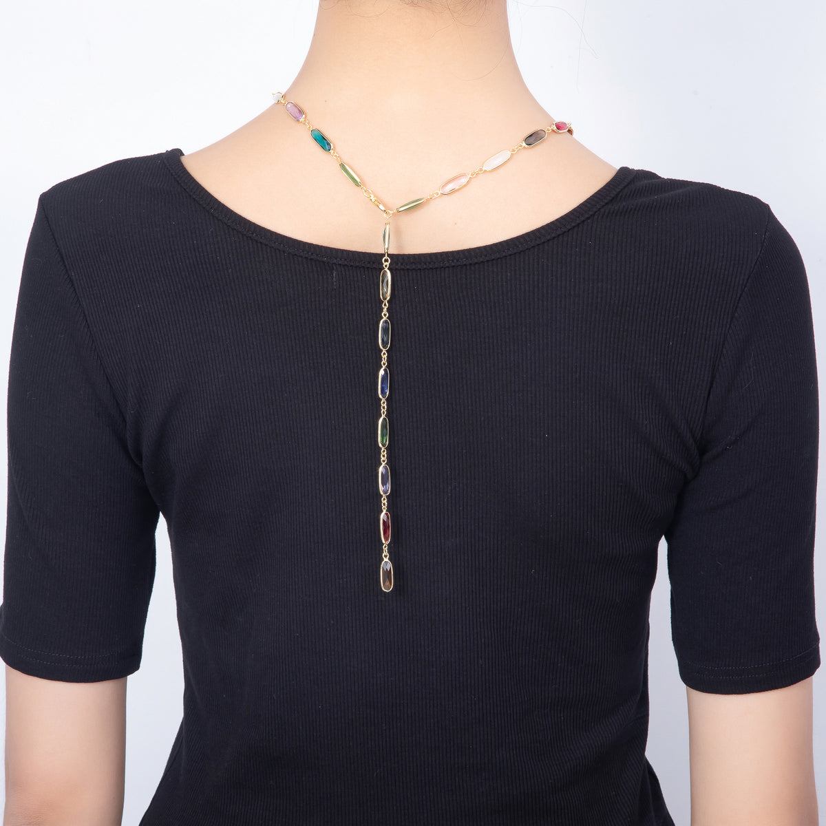 16K Gold Filled 7mm Multicolor Oval Bezel CZ Crystal Lariat 25 Inch Necklace | WA-00412