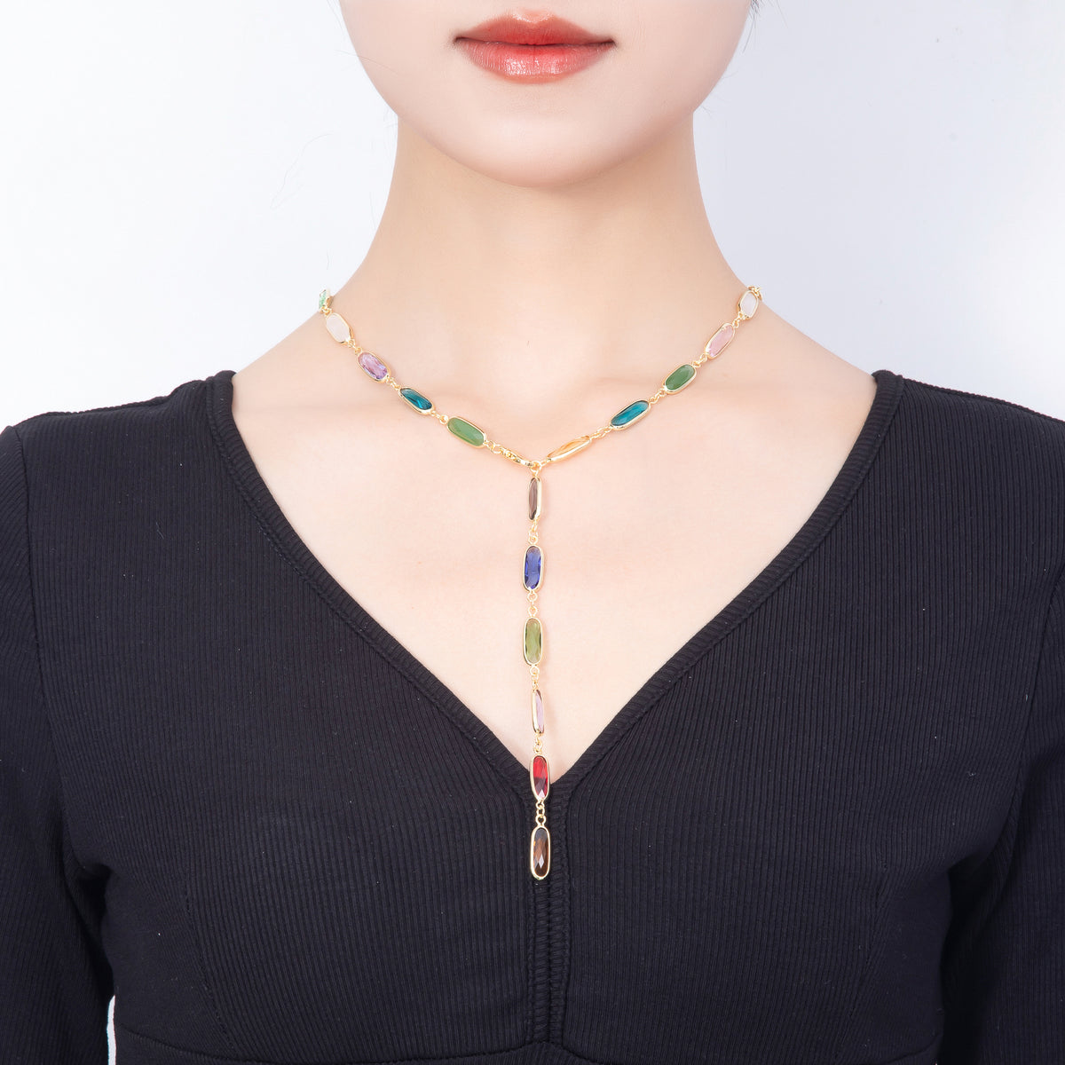 16K Gold Filled 7mm Multicolor Oval Bezel CZ Crystal Lariat 25 Inch Necklace | WA-00412