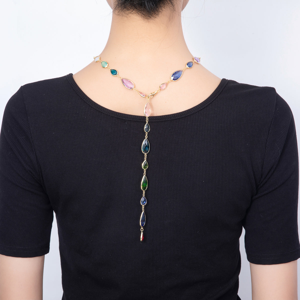 16K Gold Filled 11mm Multicolor Teardrop Bezel Station CZ Crystal Lariat 25 Inch Necklace | WA-00413