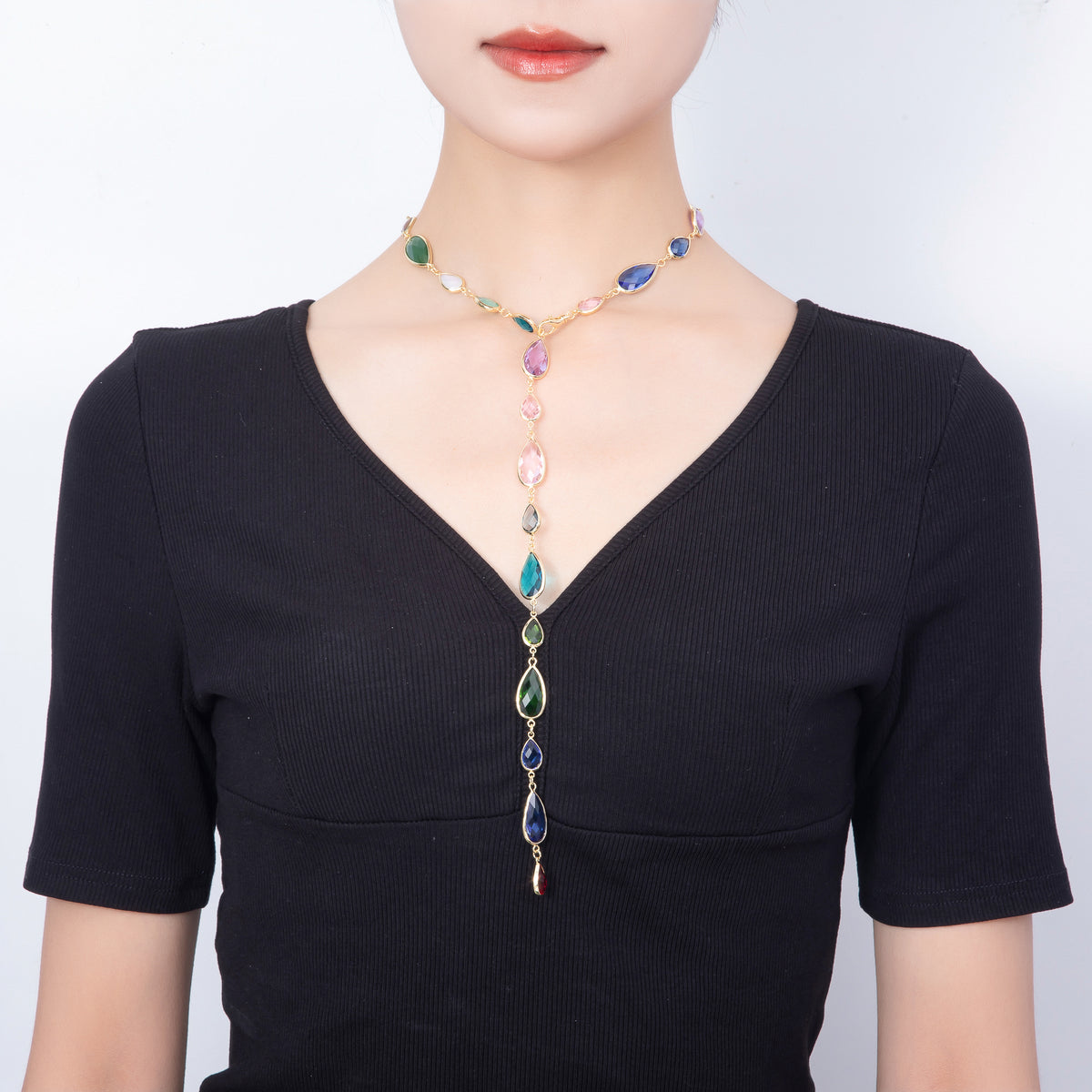16K Gold Filled 11mm Multicolor Teardrop Bezel Station CZ Crystal Lariat 25 Inch Necklace | WA-00413