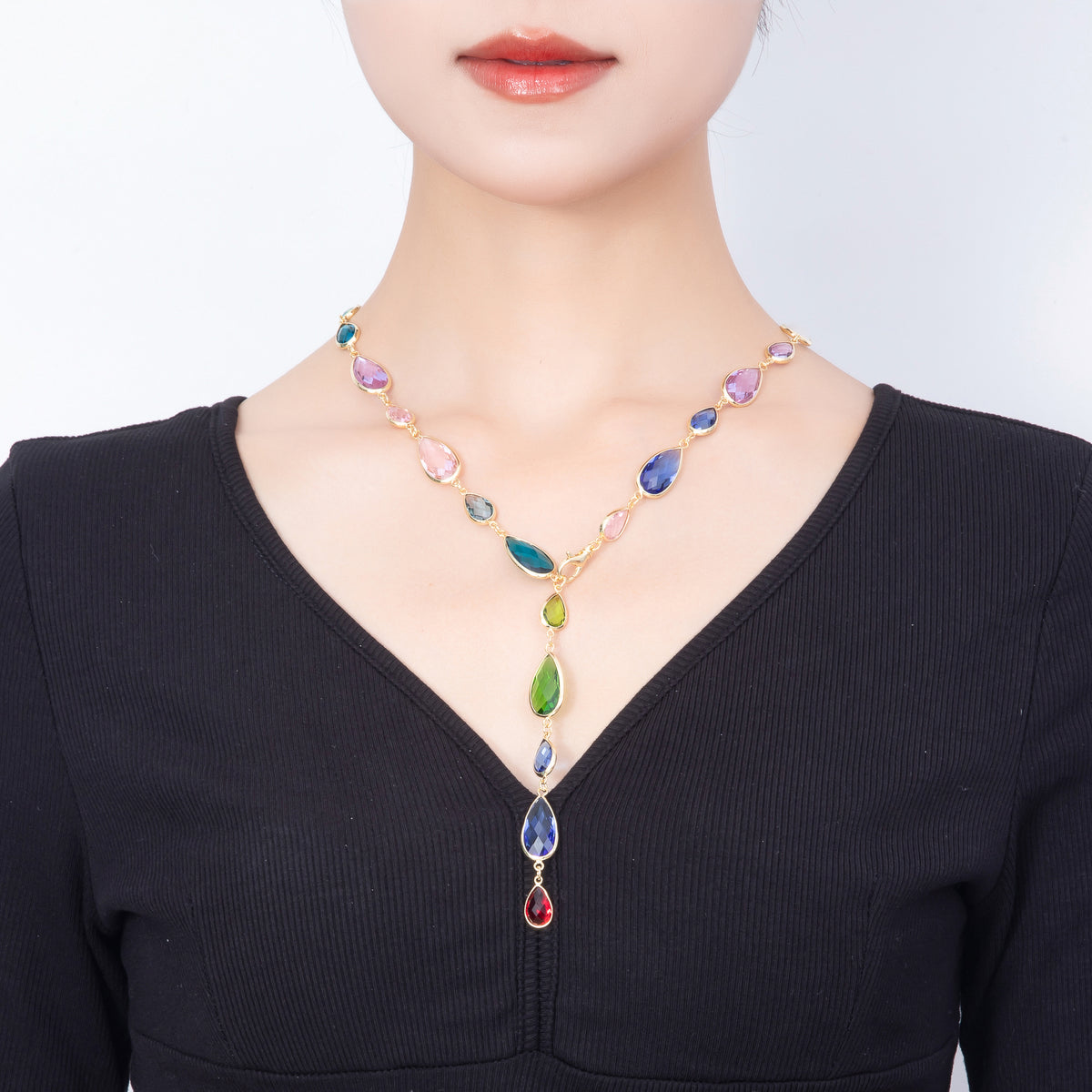 16K Gold Filled 11mm Multicolor Teardrop Bezel Station CZ Crystal Lariat 25 Inch Necklace | WA-00413