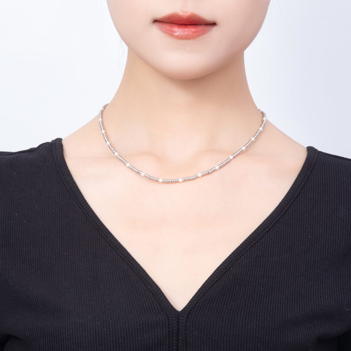 Silver 3mm Shell Pearl Round Ball Bead 16 Inch Choker Necklace | WA-00410