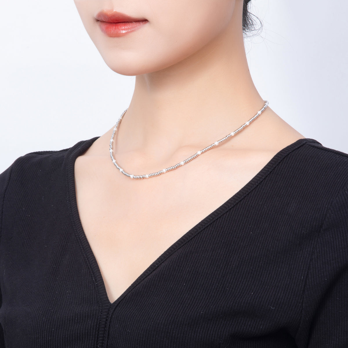 Silver 3mm Shell Pearl Round Ball Bead 16 Inch Choker Necklace | WA-00410