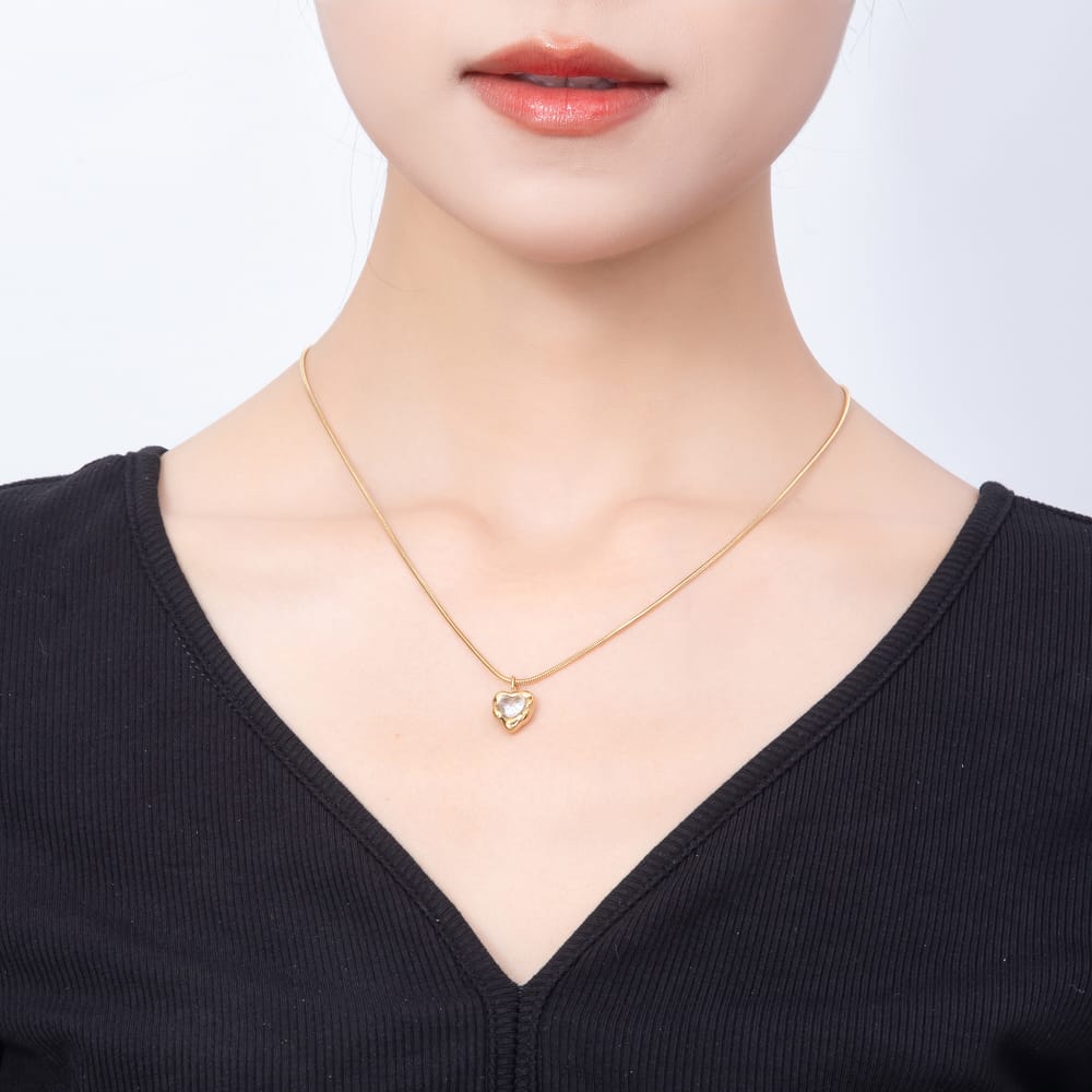 Stainless Steel 15mm Clear CZ Heart Molten Snake Chain 18 Inch Necklace in Gold & Silver | WA-00168 WA-00169