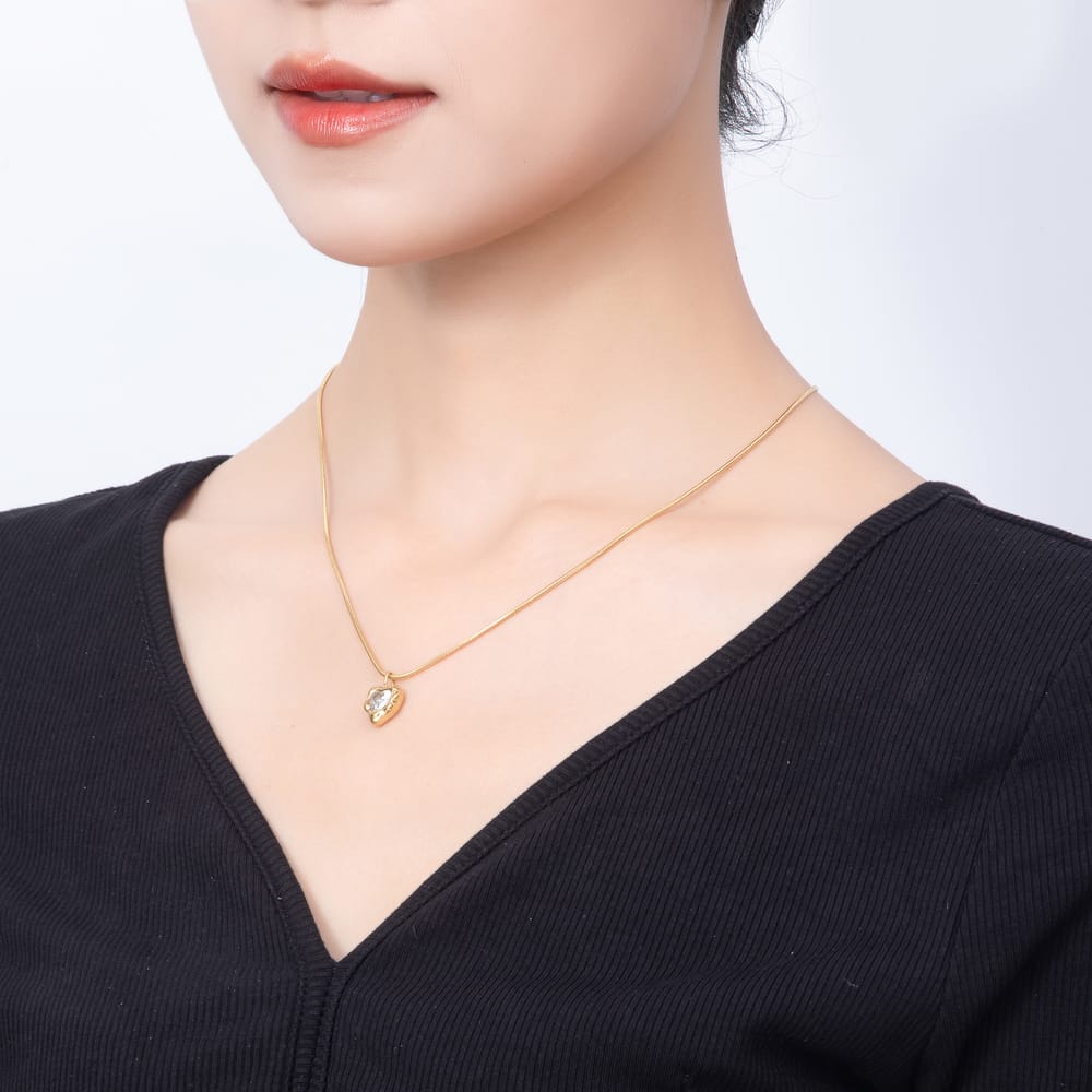 Stainless Steel 15mm Clear CZ Heart Molten Snake Chain 18 Inch Necklace in Gold & Silver | WA-00168 WA-00169