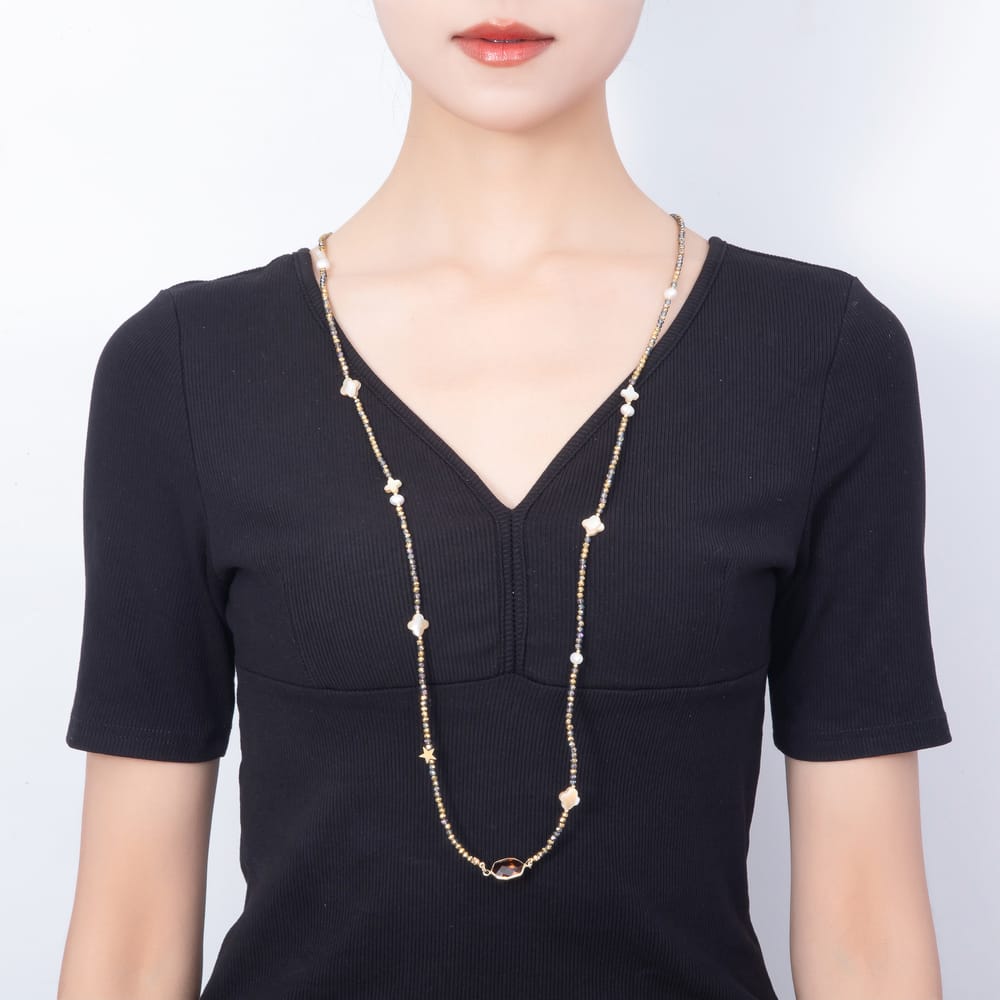 Stainless Steel 12mm Grey Labradorite Multifaceted Round Crystal Gemstone Chain 40 Inch Necklace | WA-01191