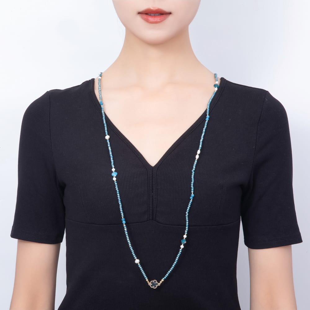 Stainless Steel 12mm Blue Kyanite Shell Pearl Multifaceted Round Crystal Gemstone Chain 40 Inch Necklace | WA-01141