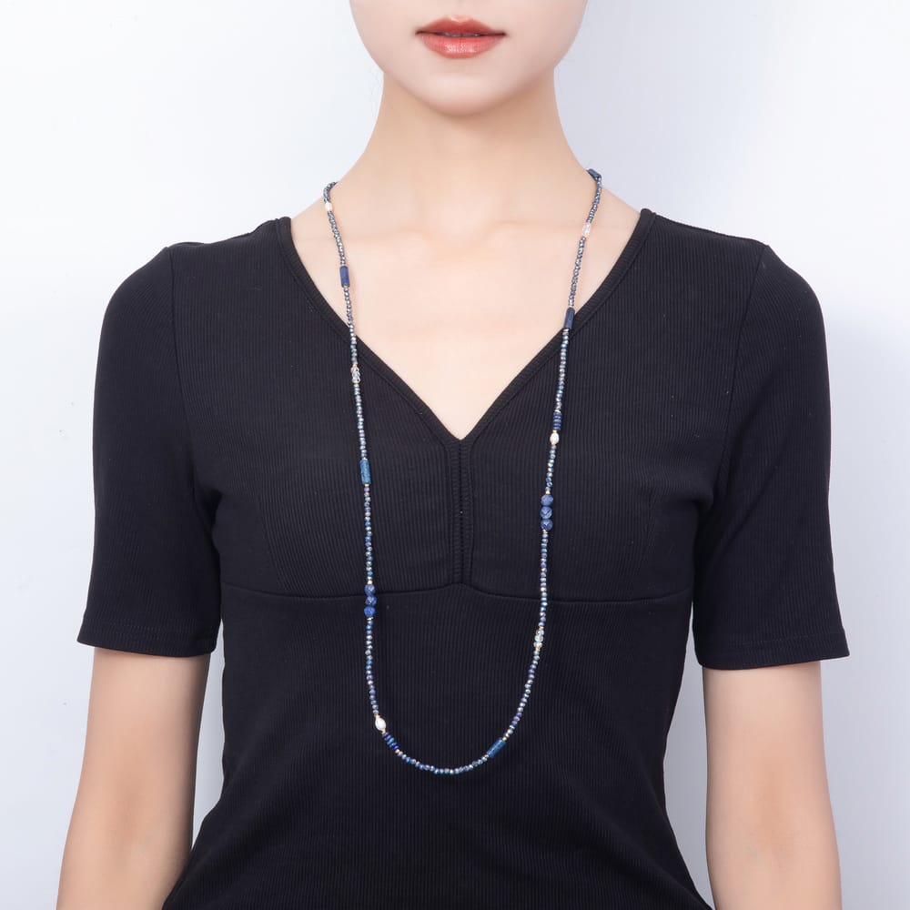 Stainless Steel 6mm Blue Lapis Lazuli Shell Pearl Multifaceted Round Crystal Gemstone Chain 40 Inch Necklace | WA-01177