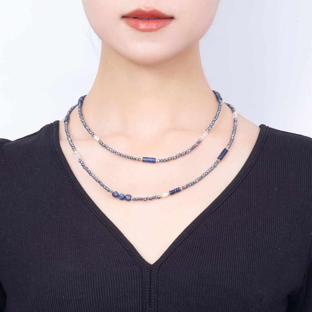 Stainless Steel 6mm Blue Lapis Lazuli Shell Pearl Multifaceted Round Crystal Gemstone Chain 40 Inch Necklace | WA-01177