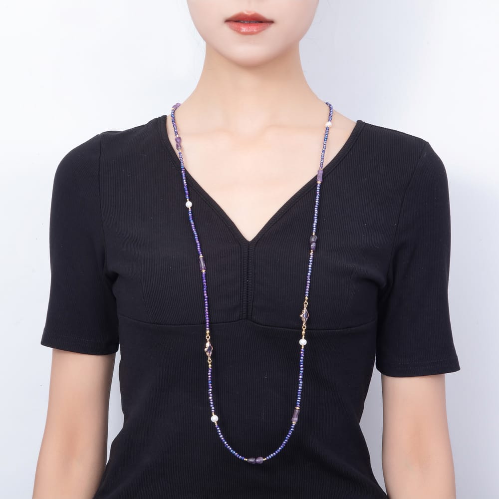 Stainless Steel 14mm Purple Amethyst Multifaceted Round Crystal Gemstone Chain 40 Inch Necklace | WA-01152