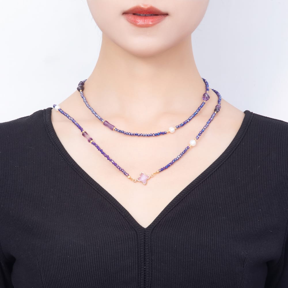 Stainless Steel 14mm Purple Amethyst Multifaceted Round Crystal Gemstone Chain 40 Inch Necklace | WA-01152