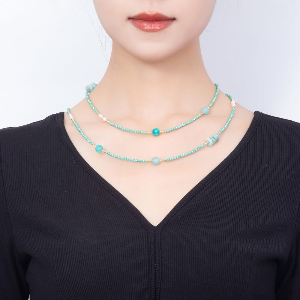 Stainless Steel 10mm Blue Turquoise Shell Pearl Multifaceted Round Crystal Gemstone Chain 40 Inch Necklace | WA-01199