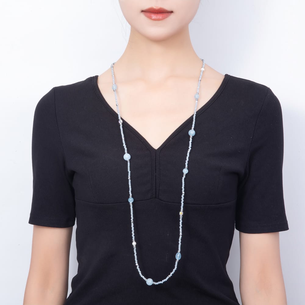 Stainless Steel 11mm Blue Aquamarine Multifaceted Round Crystal Gemstone Chain 40 Inch Necklace | WA-01238