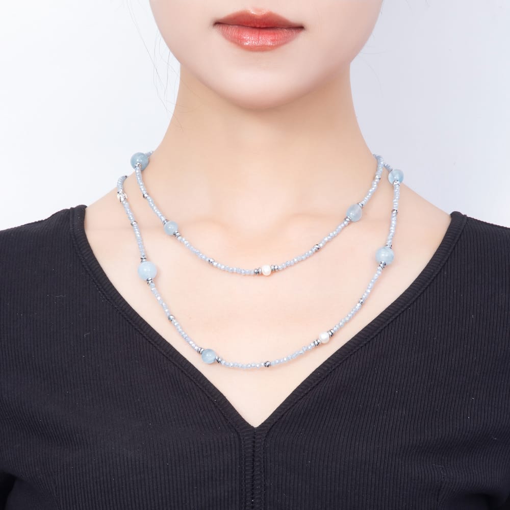 Stainless Steel 11mm Blue Aquamarine Multifaceted Round Crystal Gemstone Chain 40 Inch Necklace | WA-01238
