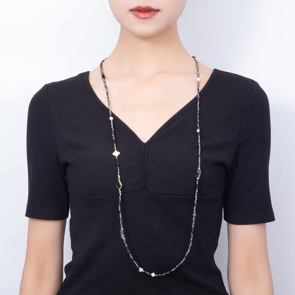 Stainless Steel 12mm Black Iridescent Shell Pearl Multifaceted Round Crystal Gemstone Chain 40 Inch Necklace | WA-01153