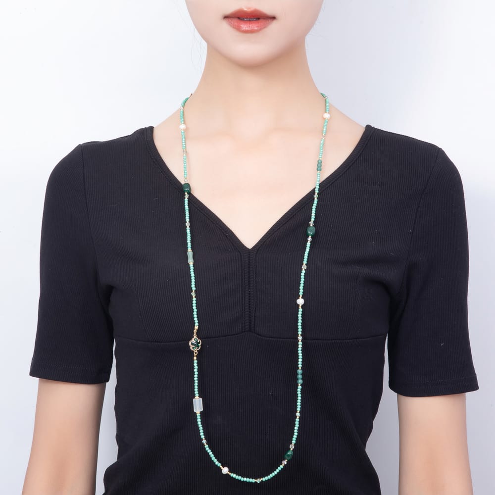Stainless Steel 12mm Light Green Aventurine Shell Pearl Multifaceted Round Crystal Gemstone Chain 40 Inch Necklace | WA-01149